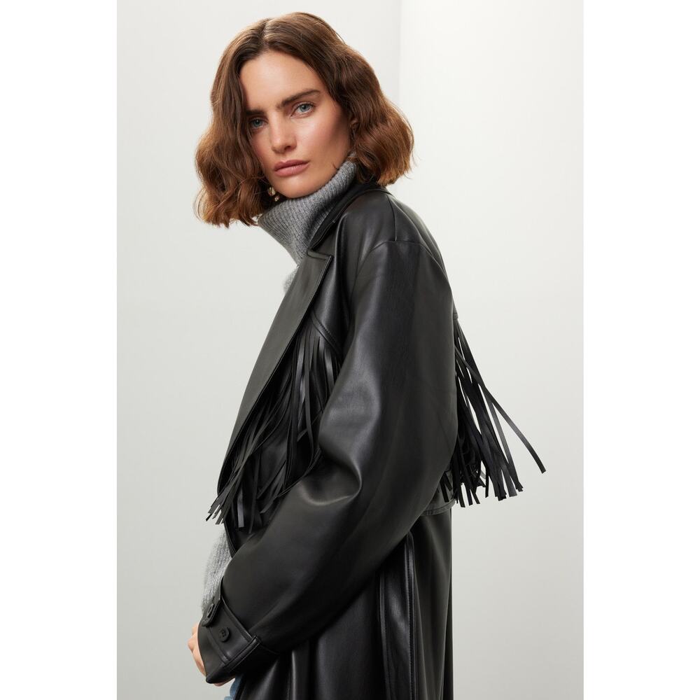 Jason Wu Black Vegan Faux Leather Fringed Tie Waist Long Trench Coat Size XL - Picture 5 of 16